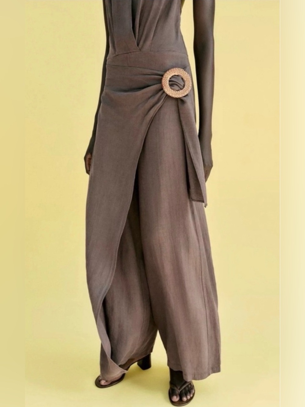 Zara Rami Jumpsuit Halterneck Crossover V-Neck Pareo w Buckle Open Back Brown L